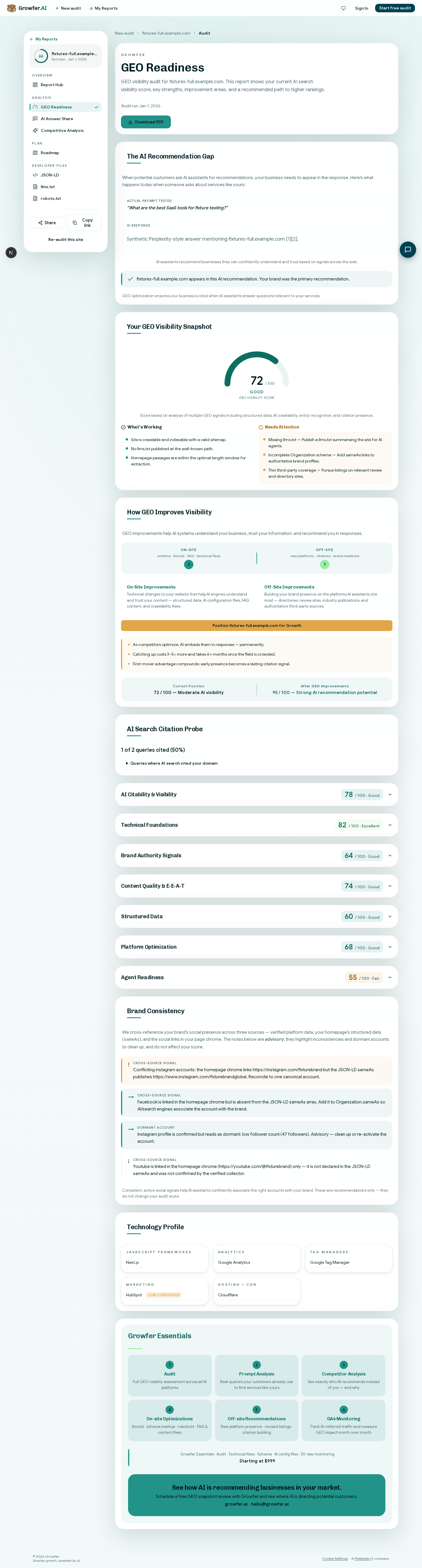 A Growfer GEO Readiness report: the AI Visibility score gauge, what's-working and needs-attention findings, and per-signal subscores.