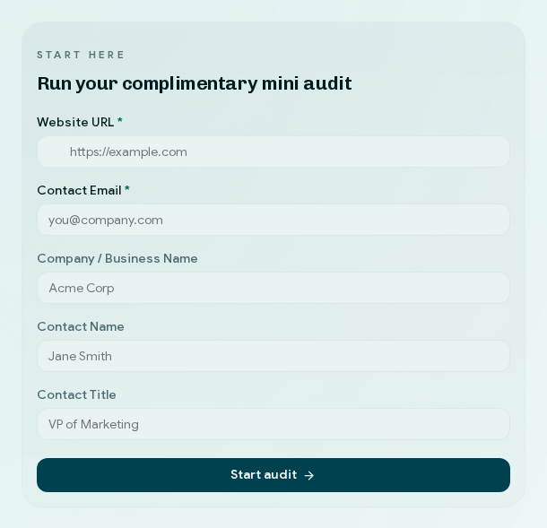 The Growfer mini-audit intake form: website URL and contact fields with a Start audit button.